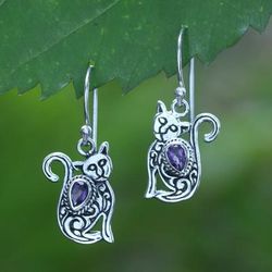 Purple Lazy Cat,'Whimsical Sterling Silver and Amethyst Cat Dangle Earrings'