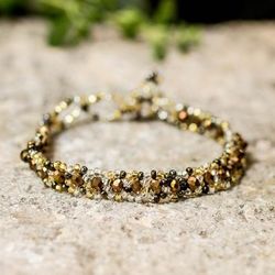 'Brown Golden-Hued Adjustable Crystal Glass Beaded Bracelet'