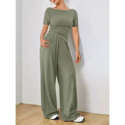Ensemble deux pièces chic et minimaliste pour femme : haut sans dos à manches courtes et pantalon droit taille haute ajusté – Nouvelle collection Printemps 2026