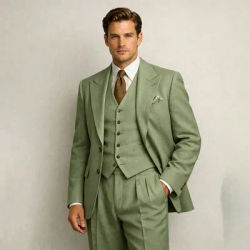 Costumes de mariage en lin vert sauge pour hommes, 3 pièces, costumes d'été pour hommes avec gilet, coupe ajustée, blazer de marié, ensemble pantalon 2026