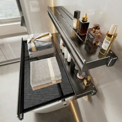 Wall Mounted No Drill Foldable Bath Towel Rack Invisible Space Saving Storage Organizer Bathroom Shelves Bathroom Accessories