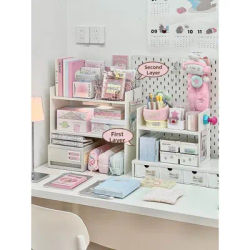 Multi-Layer Desktop Organizer Rack Study Desk Supplies Storage Arrangement Shelf Home Use Student Bookshelf Country Style PE ...