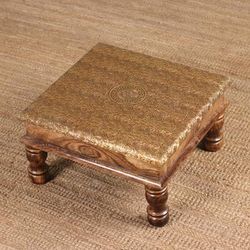 'Spring-Themed Embossed Brass and Polished Mango Wood Ottoman'