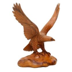 Eagle Landing,'Realistic Suar Wood Bird Sculpture of an Eagle Landing'