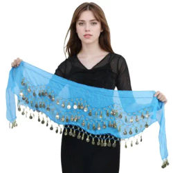 1PC Indian Dance Dress Waist Chain Belt for Women Belly Dance Chiffon Gold Coin Hip Scarf Performance Practice Accessories
