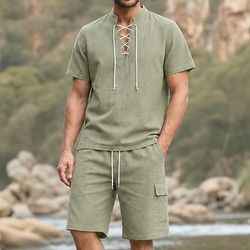 Set Medievale Rinascimento T-shirt Shorts Vichingo Tessuto misto 95% lino Costume Per uomo Halloween Carnevale LARP Fiera Rinascimentale Vacanza al Mare Adulti Top Shorts Estate