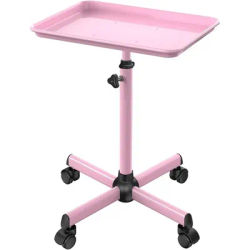 Height-Adjustable Pink Rolling Tattoo Service Tray with Storage for Beauty Clinics and Spas