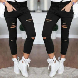 Jean en denim déchiré pour femme, taille haute élastique, coupe crayon skinny, style japonais