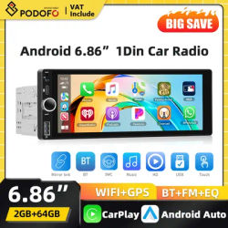 Autoradio multimédia Podofo Carplay 6,86 pouces Android 1din, lecteur vidéo, Android Auto, stéréo, GPS, navigation, lecteur FM, 4G, EQ, WiFi, Bluetooth