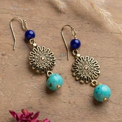 'Spring-Themed Antiqued Brass and Blue Resin Dangle Earrings'