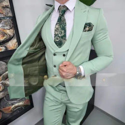 Costume homme vert menthe 3 pièces haut de gamme avec veste à revers pointus, gilet croisé à col châle et pantalon, ensemble sur mesure pour mariage, marié, bal de promo