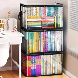 3-Pack Foldable, Space-Saving Large Transparent Storage Boxes with Flip Lids, Large Rectangular Organizing Bins with Front and Lid, Space-Saving Design Suitable for Books, Clothes, Office, Home,