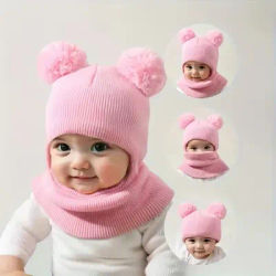 Chapeau une pièce à capuche pour enfants, équipé d'un dispositifs de protection des oreilles et du cou, pour la chaleur, bonnet tricoté à Double boule, 1 pièce/2 pièces
