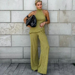 Tuularose suspendus vert pantalon ensemble sans manches dos nu personnalité tempérament banlieue deux pièces ensemble été nouveau femmes pantalon ensemble