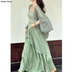 Robes Qipao de style chinois pour femmes, cardigan en maille, sangle éducative, olympiques Cheongsams minces, été trempé Hanfu, bleu et vert, nouveau, 2024