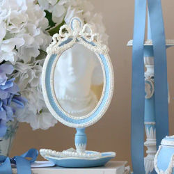 Retro Makeup Mirror Baroque Handheld Mirror Blue and White Elegant Desktop Bedroom Dressing Mirror Resin Jewelry Storage Tray