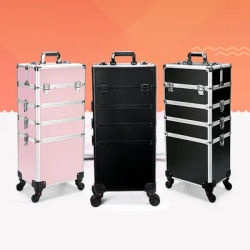 4 in 1 Professional Makeup Train Case Aluminum Rolling Cosmetic Case On Wheels Artist Makeup Organizer Storage with Trays