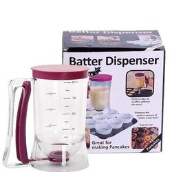 Dosatore per pastella per pancake e cupcake da 4 tazze, 900 ml, con etichetta di misurazione, maniglia a pressione e supporto per cupcake, crêpes, torte o qualsiasi prodotto da forno.