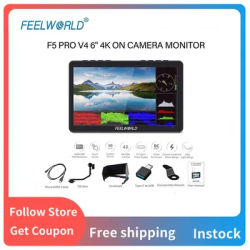 Moniteur de terrain pour appareil photo DSLR FEELWORLD F5 PRO V4 avec écran tactile de 6 pouces, 3D LUT, kit d'alimentation externe F970, entrée/sortie HDMI 4K