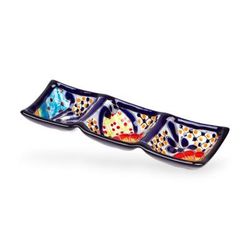 Raining Flowers,'Mexican Talavera Style Ceramic Triple Condiment Dish'