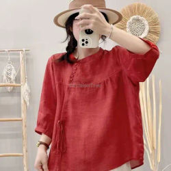 2025 vintage coton lin chemisier femme col rond laçage haut ample confortable polyvalent chinois paresseux style littérature art haut