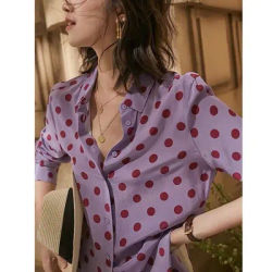 Chemise imprimée à pois pour femme, chemise polyvalente, haut violet, manches longues, moyen à long