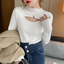 Pull en maille pour femme, nouveau modèle à manches longues, blanc, col montant, hauts et pulls pour femme Q2581