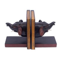 'Sese Wood Bookends with Elephant Motif Hand-Carved in Ghana'