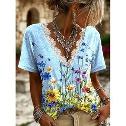 Halloween Per donna Maglietta Pizzo Floreale Grafico Piante Elegante Classico Casual Manica Corta Scollo a V Top Regolari Casuale Quotidiano Blu Giallo Rosa Viola chiaro Estate Primavera