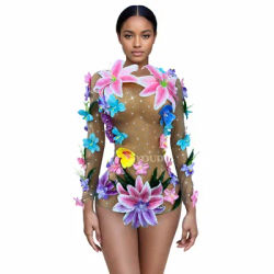 Fashion Handmade Flowers Twinkling Rhinestones Sexy Nude Mesh High forks Women Portrait Photo Show Stage Perform Outfit Huaduo
