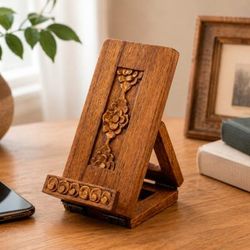 'Hand-Carved Foldable Wood Phone Holder with Floral Motifs'