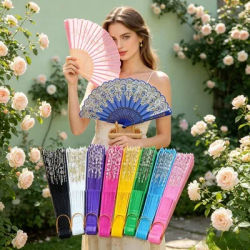 New Chinese Folding Fan Plastic Gold Foil Print Handheld Cooling for Hanfu Qipao Dance