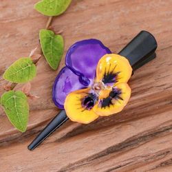 'Resin-Coated Natural Pansy Flower Hair Clip in Purple Yellow'