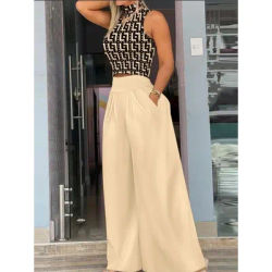 Ensemble deux pièces pour femmes, débardeur court sans manches + pantalon à jambes larges imprimé plantes, tenue d'été