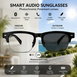Lunettes audio intelligentes avec verres photochromiques, lunettes de soleil ultra-légères 33g, confort ouvert d'oreille, lunettes intelligentes Bluetooth pour hommes et femmes