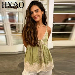 HXAO Haut de Nuit Vert en Dentelle pour Femme, Mode Été 2026, Bustier à Lacets, Évidé, Sans Manches, Dos Nu, Camisole de Plage et de Vacances