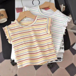 Nouvel Arrivage : T-shirt à manches courtes pour filles - Haut léger d'été en soie glacée - Haut élégant pour bébé - Sous-vêtement rayé style coréen