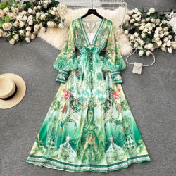 Femmes col en V profond à manches longues imprimé fleuri Boho Robe Vestido piste vert rouge fleur fluide en mousseline de soie lanterne Robe