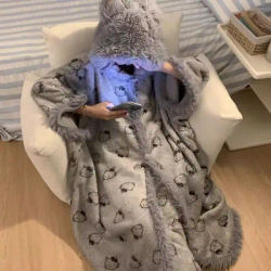 Hello Kittys – pyjama en molleton de corail pour femmes, Robes à capuche en peluche, couverture mignonne, vêtements de nuit décontractés en polaire, tissu épais et chaud pour femmes
