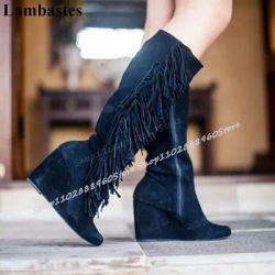 Genou haute noir troupeau glands bottes compensées chaussures à talons hauts pour les femmes côté fermeture éclair bout pointu décontracté élégant solide femmes bottes
