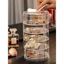 1pc Stylish & Large Capacity 3/4/5 Layers Rotating Jewelry Storage Box For Women, Transparent Desktop Organizer Dust-proof Hair