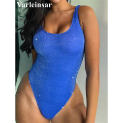 Maillot de bain une pièce sexy à paillettes scintillantes, dos nu, coupe haute, pour femmes, V4333
