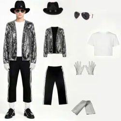 Michael Jackson Cosplay Costume Set, King of Pop 80s 90s Hip Hop Sequin Outfit with Hat Sunglasses for Halloween Carnival Party