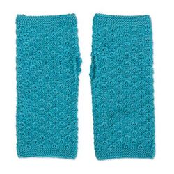 Gossamer in Turquoise,'Classic Turquoise Baby Alpaca Fingerless Mitts Knit in Peru'