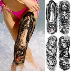 1 Sheet Chicano Holy Mother Jesus Full Arm Temporary Tattoos Waterproof Realistic Fake Tattoo Sleeve Sticker Body Leg Art Tatoos