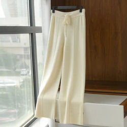 Pantalon large en tricot à taille haute pour femme, style coréen, décontracté et ample, chaud pour l'hiver