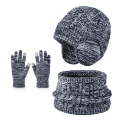 Ensemble 3 pièces simple couleur unie : bonnet, écharpe et gants, avec cache-oreilles, anti-froid, coupe-vent, protection auditive, pour l'hiver et l'extérieur