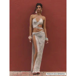 European and American sexy neck-to-shoulder strap dress with tie-up details, mesh design, long skirt, high slit, women’s dress.