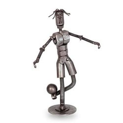 'Eco-Friendly Recycled Metal Sculpture of a Soccer Player'