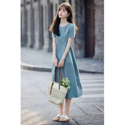 Robe d'été 2026 tendance pour femme, coupe ample, taille haute, col rond, jupe trapèze
